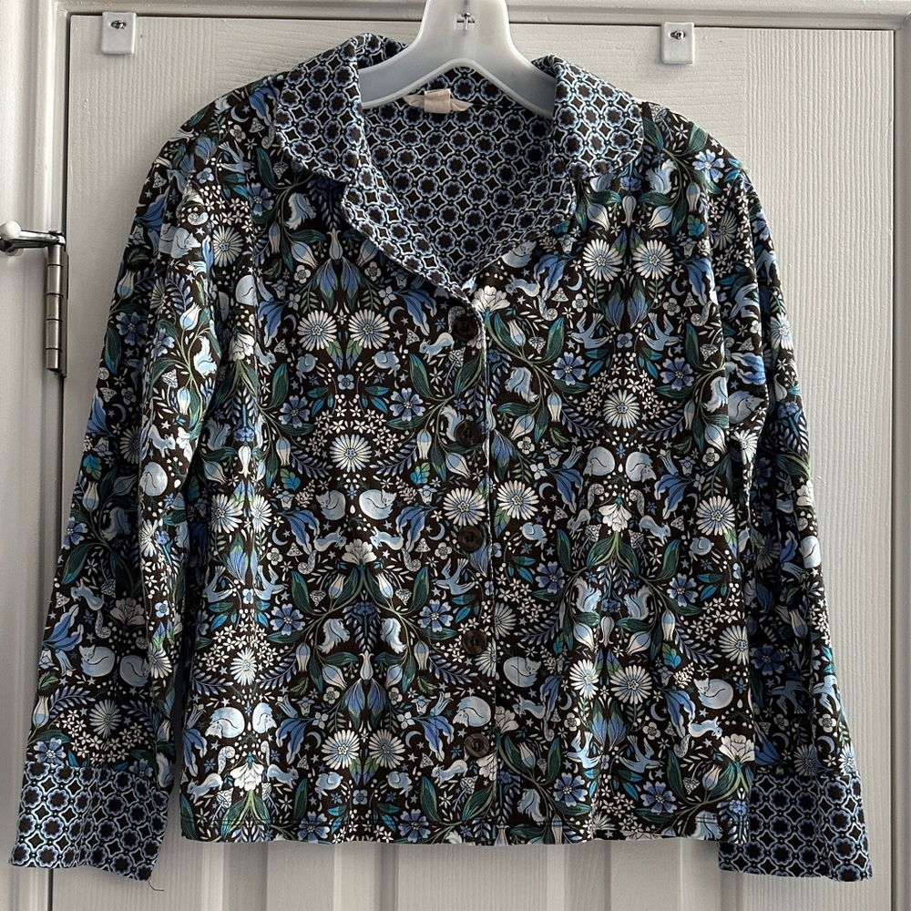 Vera Bradley Floral Pajama Top Blouse Brown Blue Small Whimsical Fairycore Retro